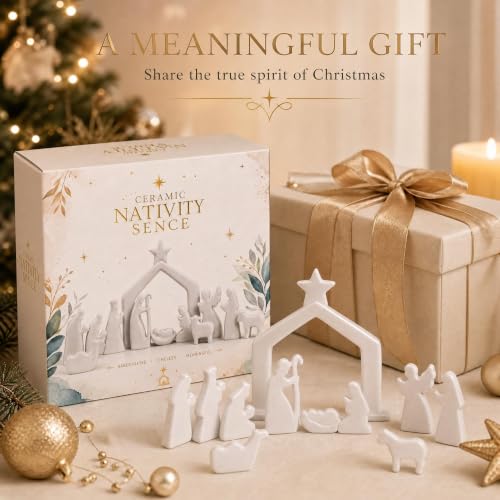 Image of NEROSUN Nativity Scene Set Figurines, 12Pcs White Ceramic Nativity Scene Miniature Holy Family Tabletop, Christmas Decorations for Indoor Holiday Table Mantel Decor Christian Spiritual Gift
