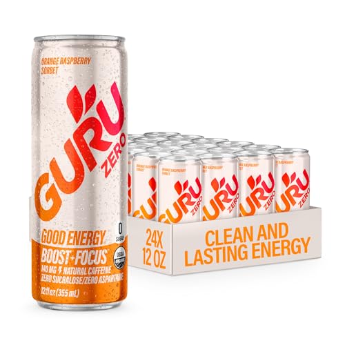 Image of GURU Zero Sugar Energy Drink,Orange Raspberry Sorbet Organic Sparkling Energy Drink with 140 MG Natural Caffeine & Coconut Water for Workouts, Performance & Midday Boost, Gluten Free, Vegan, 12 Fl Oz, 24 Pack
