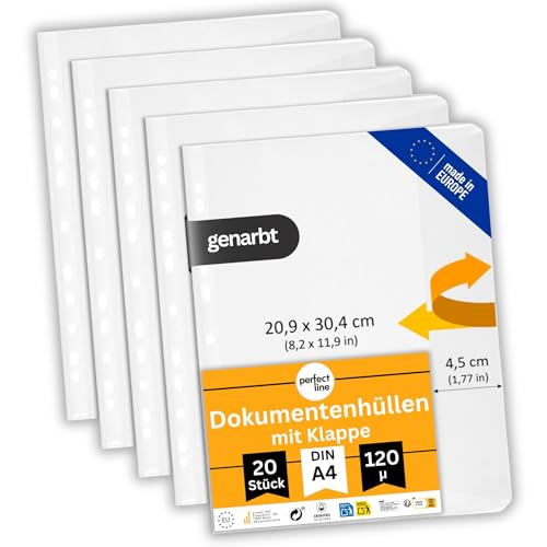 perfect line - 20 Dokumentenhüllen DIN-A4 mit Klappe - Prospekthüllen seitlich offen - Klarsichtfolien genarbt transparent dokumentenecht säurefrei