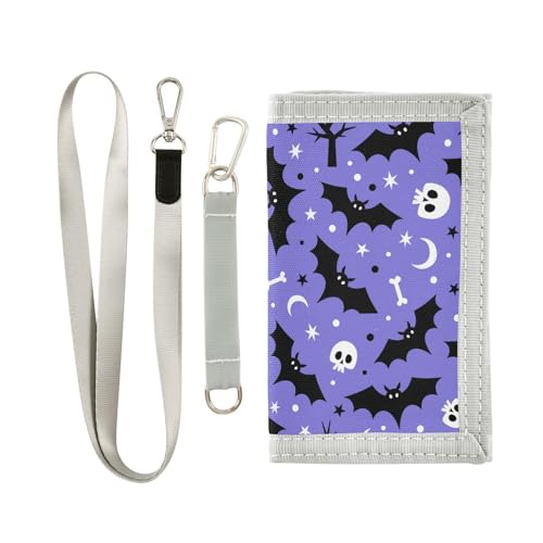 JHKKU Halloween Bats Skull Kids Wallet for Boys Girls, Teen Canvas Trifold Purse with Zipper Coin Pocket