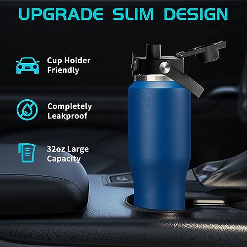 Image of 32oz Insulated Water-Bottle with Straw - Carrier Strap Bag, Keeps Cold 48h & Hot 24h, Metal Water Bottles 32 oz Cups with Lids for Gym /Hiking