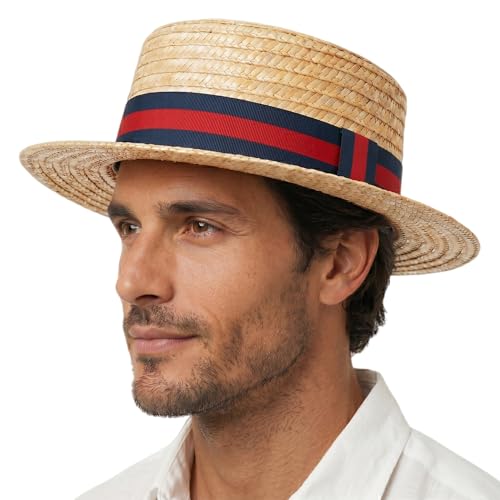 Maixora Straw Boater Hat Women Men Skimmer Hat Wide Brim Amish Hat Christmas Costume Handmade Natural Straw Black (Blue Red)