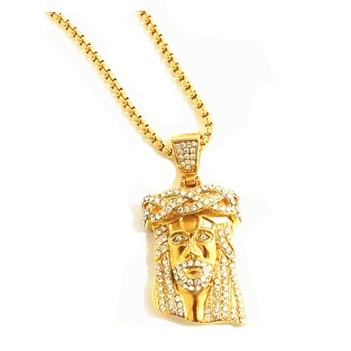 Cy trendy Mens 24K Gold plated Biblical Characters Head Portrait CZ Iced Out Pendant Chain Hip-hop Necklace (gold)