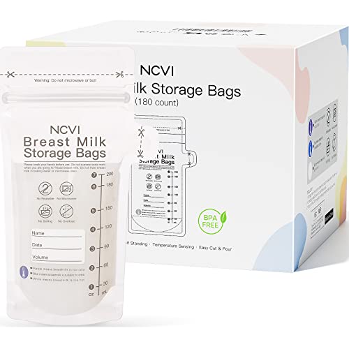 Image of NCVI Breastmilk Storage Bags, 180 Count Milk Storage Bags for Breastfeeding, 7oz Breast Milk Storage Bags with Temp-Sensing, Doubled-Sealed, Hygienically, Self Standing, Easy Pour Spout, BPA Free