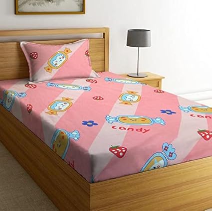 NEW LEAF Cotton Feel Soft and Smooth Cartoon Printed Double Bedsheet Special for Kids or Your Baby, (Candy and Cherry, Baby Pink)