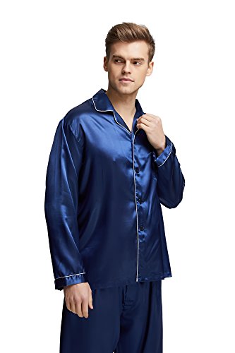 TONY & CANDICE Men's Classic Satin Pajama Set Sleepwear (XX-Large, Blue with White Piping) - Thumbnail 4