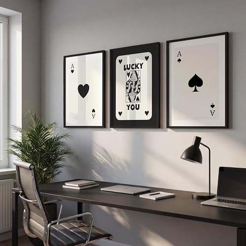 Image of NoWorries Playing Cards Wall Framed Painting Set | Lucky Card Art & Heart Ace Posters Frames | Premium 300 GSM Paper Print with Synthetic Wooden Frame | Minimal Black & White Aesthetic Wall Decor for Living Room & Bedroom (Pattern-illustration) (Set of 3) (BLACK, ART-5, 10X13INCHES)