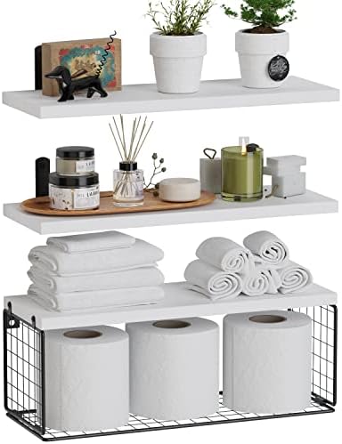 WOPITUES Floating Shelves Wall Mounted, Rustic Wood Bathroom Shelves Over Toilet with Paper Storage Basket, Farmhouse Floating Shelf for Wall Decor, Bedroom, Living Room, Kitchen, Plants, Books–White
