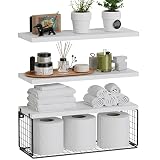 WOPITUES Floating Shelves Wall Mounted, Rustic Wood Bathroom Shelves Over Toilet with Paper Storage