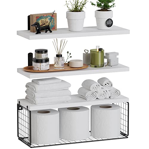 Wopitues Floating Shelves Wall Mounted, Rustic Wood Bathroom Shelves Over Toilet With Paper Storage Basket, Farmhouse Floating Shelf For Wall Decor, Bedroom, Living Room, Kitchen, Plants, Books–White #TOP6