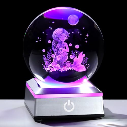 Image of Ornalrist 3D Mermaid Crystal Ball Gifts for Women, Girls 3.15in with Colorful LED Light Base - Gifts for Kids on Birthday, Christmas, New Year - Mermaid Figurines Home Decor