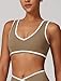 OMEWEE Women's Jogger Sports Bra V Neck Yoga Sports Bra with Removable Padded Cups, Contrasting Color Design Brown M