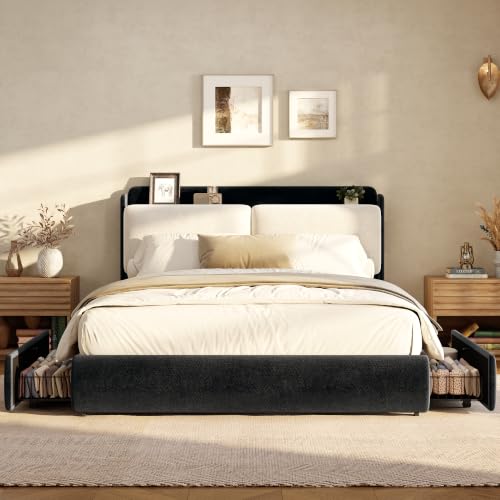Image of Garvee Chenille Fabric Full Size Bed Frame with 2 Storage Drawers - Black