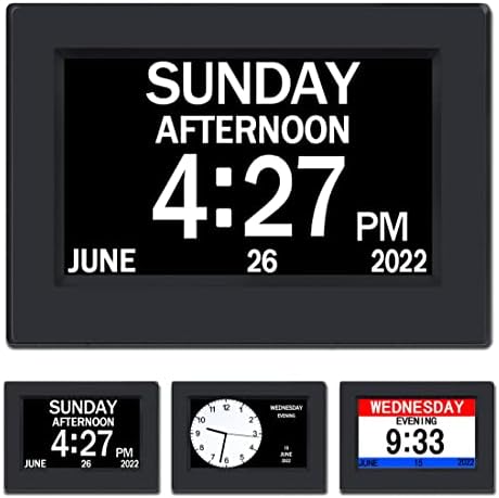 AINFTIME Clock with Day and Date for Elderly-3 Colors Display Digital Calendar Alarm Day Clock Dementia Alzheimers Clock with Extra Large Display (7in Black)