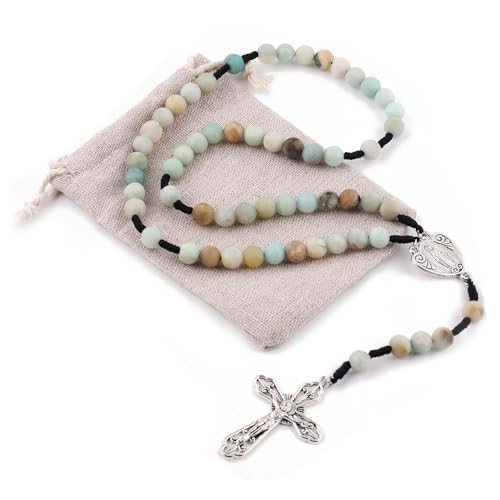 Chapelet en pierre naturelle 8mm avec médaille miraculeuse et crucifix du pardon pour la prière