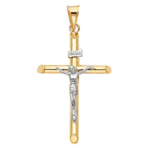 14k Two-Tone Gold Crucifix Cross Pendant for Men & Women – 43x20mm Religious Charm, Real Solid Gold, Lightweight 1.4g