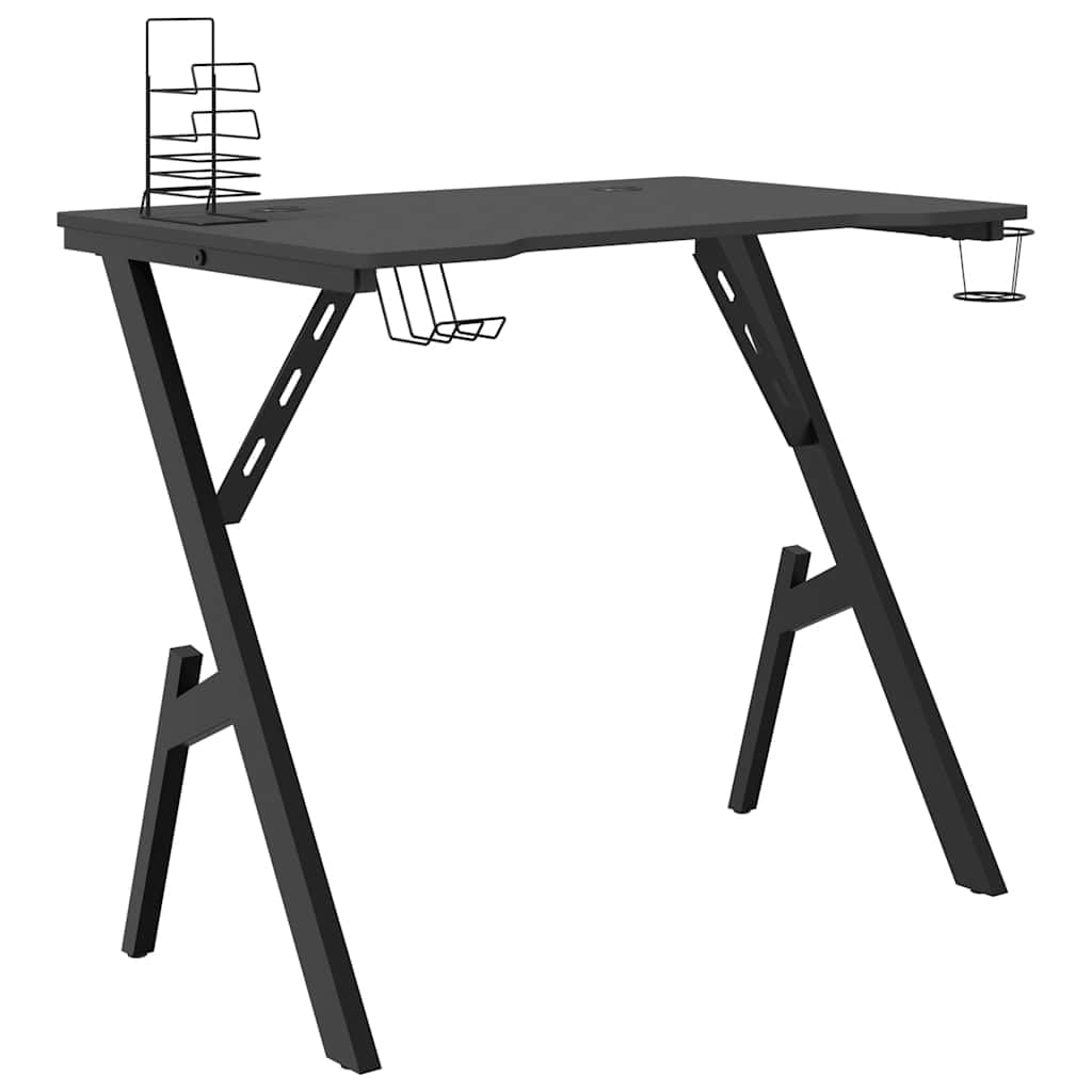 Gaming-Schreibtisch mit Y-Gestell Schwarz 90x60x75 cm, ergonomischer Computertisch mit Kopfhörerablage und Becherhalter, Stabiler Schreibtisch für Monitor und Zubehör
