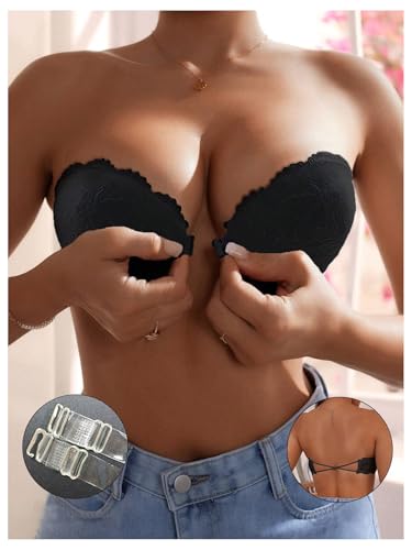 GORGLITTER Women's Strapless Underwire Front Fastening Bras Scalloped Lace Bandeau Bras Black 34A - Image 3