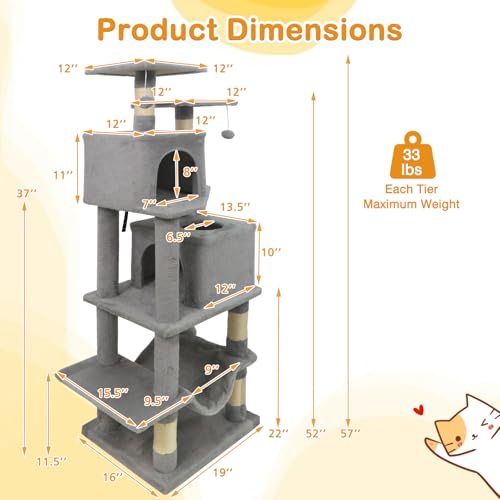 Torre para gatos interior 57 in con postes de sisal y hamaca miniatura 4