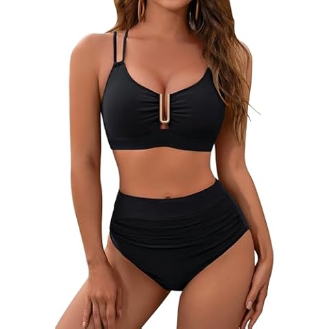 BMJL Womens High Waisted Bikini Sets Modest Tummy Control Swimsuits Cutout Crisscross Ruched Two Piece Bathing Suit(Black,M) Cover