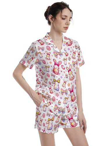 Image of Funny Satin Pajamas Set for Women Button Down Sleepwear Print Pjs Set 2 Piece Short Sleeve Loungewear Gift for Women