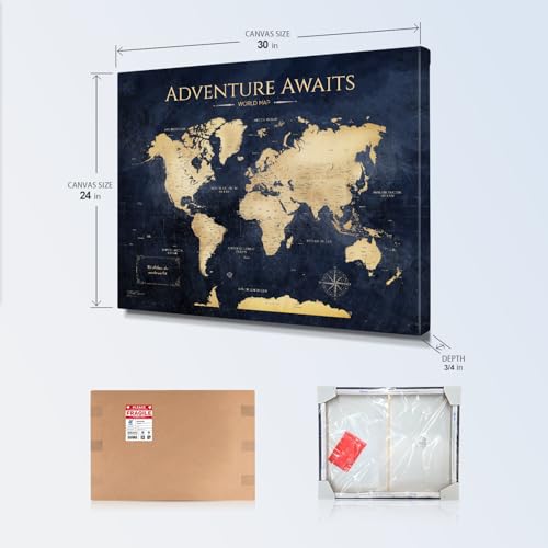 Image of IPIC - Vintage Teal World Map Pin Board Canvas Wall Art, Travel Map with Pins Included, Ready to Hang for Home or Office 30x24 Inch