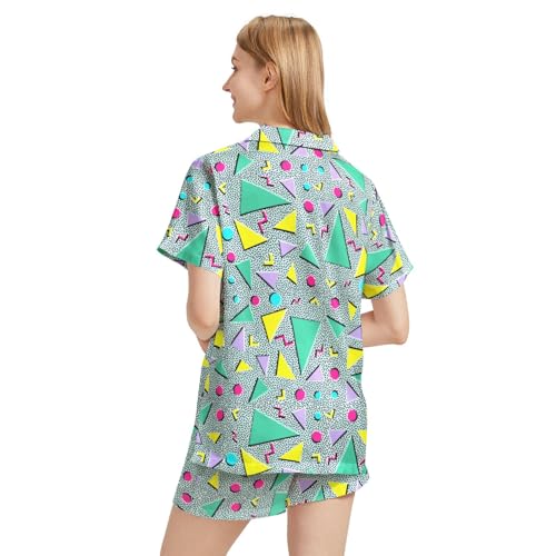 Image of Funny Pajamas for Women Set Print Satin Loungewear Pjs Short Sleeve Button Down Top and Shorts Sets Sleepwear XS-3XL