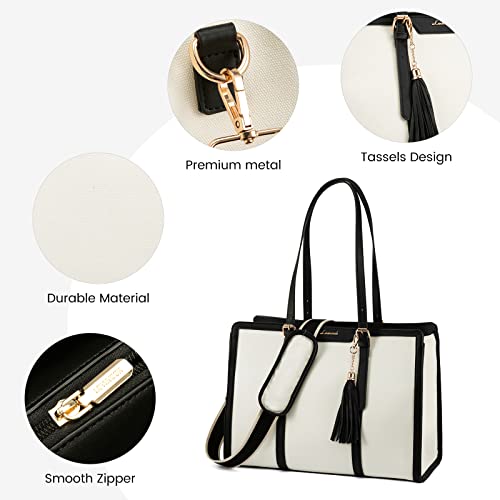 Lovevook Laptop Bag For Women 15.6 Inch Lightweight Canvas Laptop Tote Bag, Large Capacity Computer Bag With Clutch Purse For Business, Work, Office, Travel, School,Casual(Beige & Black) #TOP7
