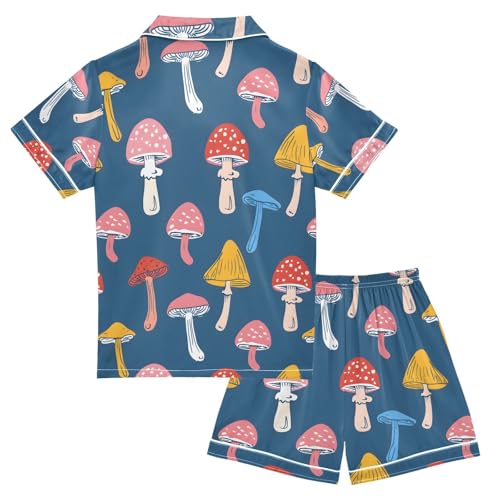 ALAZA Colorful Mushroom Blossom Blue Pajamas Satin Pajama Set Short Sleeve Button Down Sleepwear2