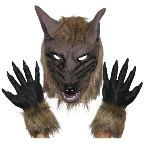 Ymxygz Máscara de Lobo De Silicona con Guantes y Garras de Hombre Lobo, Conjunto De Terror De Halloween, Cubierta para Cabeza, Disfraz De Cosplay
