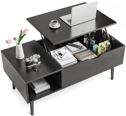Sweetcrispy Wooden Lift Top Coffee Tables for Living Room, Small Rising Dining Center Tables with Storage Shelf and Hidden Compartment, Classic Black