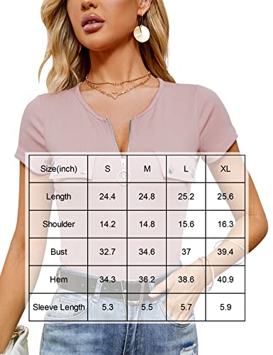 Bashafo Short Sleeve Blouse For Women Slimed Fitded Causual V-Neck T-Shirt Zip Half Solid Tunic Tops Gray Pink #TOP3