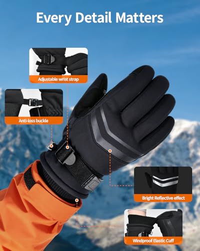 Pixel Panda 3M Winter Gloves Cold Weather Waterproof & Windproof Warm Snow Gloves for Men/Women, Anti-Slip Touchscreen for ski/Motorcycle/Cycling/Work, Black, Large