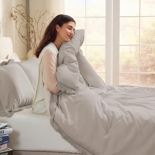 Image of Andency Queen Comforter Set Heather Grey, 3 Pieces Boho Fall Tassel Lightweight Bedding Comforter Sets, All Season Soft Bed Set (90x90In Comforter & 2 Pillowcases)