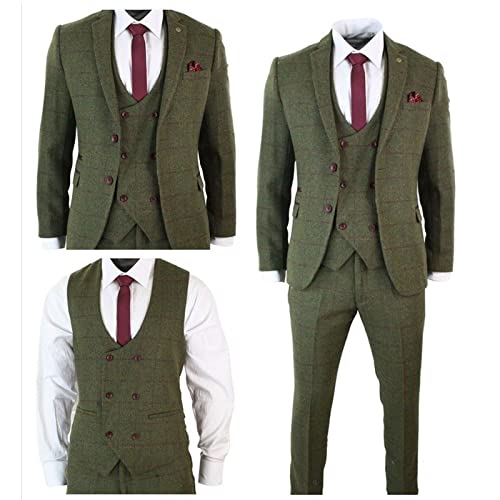 Men Olive Green Plaid Tweed Blazer Vintage Checkered Prom Party Tuxedo Grooms Wedding 3 Pieces Suit Jacket Pants Vest2