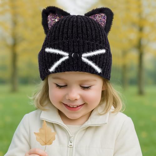 Kids Girls Glitter Cat Ears Hat Winter Warm Knit Beanie Cute Ski Skull Cap for Toddler Ages 3-82