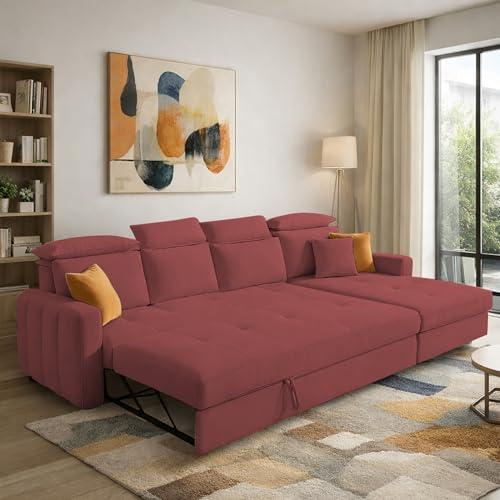Image of Casaliving Gagnon RHS 6 Seater L Shape Corner Sofa Cum Bed for Living Room (Maroon Fabric) Premium Fabric Sofa