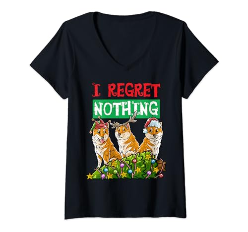 Shiba Inu Babbo Natale Elfo Renna Cane di Natale Maglietta con Collo a V