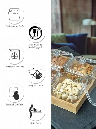 Image of 275ml Glass Serving Bowl Set of 4 with Glass Lids & Bamboo Tray | Snack Serving Bowls for Dry Fruits, Namkeen, Masala, Mukhwas | Transparent Kitchen Storage Containers