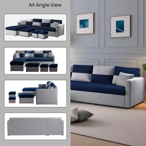 Image of FURNY Arno 8 Seater Fabric L Shape Sectional LHS Sofa Set with 1 Centre Table & 2 Ottomans (Light Grey-Blue)