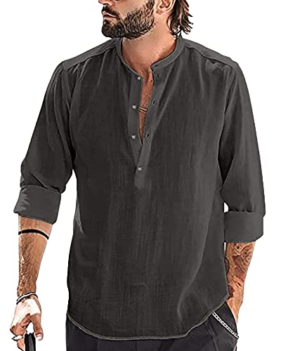 YAOBAOLE Chemise Lin Homme Manches Longues Chemise Legere Homme Été Chemises Henley Hommes Chemises en Lin Col Mao Gris Foncé 2XL