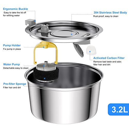 MMcRRx Fontaine à Eau Automatique pour Animaux de 3,2 L en Acier Inoxydable – Fonctionnement Silencieux, Approvisionnement en Eau Hygiénique pour Chiens et Chats – Image 4