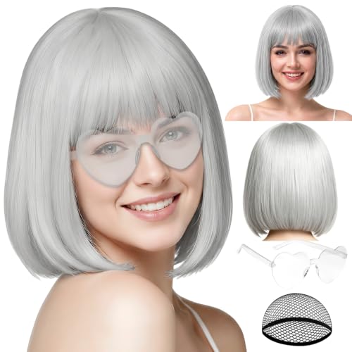 Image of PLULON Light Gray Short Bob Wig with Bangs for Women, Colorful Neon Short Bob Synthetic Hair Wigs with Hair Cap Heart Sunglasses for Adults Daily Bachelorette Halloween Costume Party Supplies