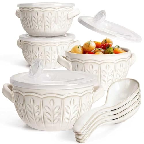Artena Small Bowls Set of 4, 12 oz Ceramic Embossment Dessert Bowls, French Onion Soup Bowls with Handles and lids & Spoons, 20 Oz Ceramic Soup Crocks Oven Safe Serving Bowls