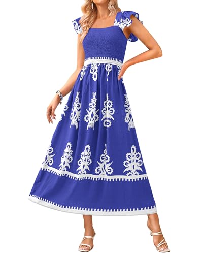 BTFBM Summer Dresses for Women 2025 Floral Smocked Boho Sleeveless Square Neck A Line Casual Beach Maxi Dress Pockets