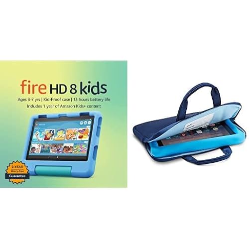 Amazon Fire 8 Kids tablet, 8" display 64GB (Blue) + Kids Zipper Sleeve (Blue)
