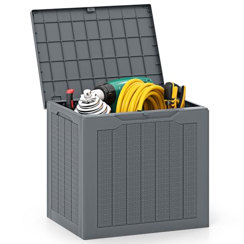 COSTWAY Gartenbox 96 L, Auflagenbox mit abschließbarem Deckel & Rattanoptik, wasserfeste Aufbewahrungsbox Kissenbox für Poolzubehör, Gartengeräte, Paketzustellung, Gartenmöbel (Grau)