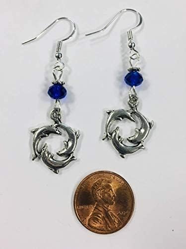 Circle of Dolphins Necklace and Earring Set, accented with cobalt blue faceted crystal accent bead, on sterling silver earwires and an 18 inch chain - Image 4