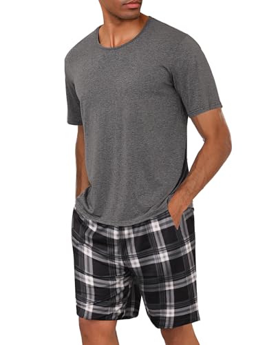 Uniexcosm Mens Short Pyjamas Set Classic Plaid Sleepwear T-Shirt Top with Shorts Bottoms Cotton Pjs Set Loungewear Summer A-Grey M