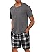Uniexcosm Schlafanzug Herren Baumwolle Kurz Zweiteiliger Pyjama Set Nachtwäsche Kurzarm Oberteil und Karierte Schlafanzughose Hausanzug Sleepwear A:Dunkelgrau-1 M